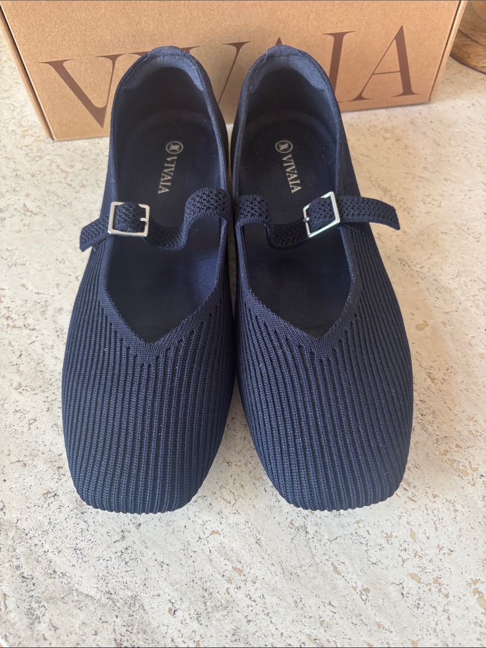 VIVAIA Navy Knit Mary Jane Flats with Buckle Strap